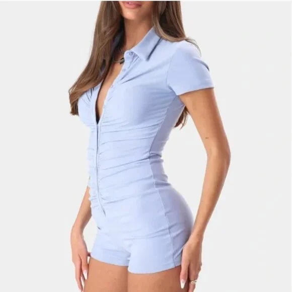 Adika Romper Playsuit Ruched baby blue S - Picture 9 of 9